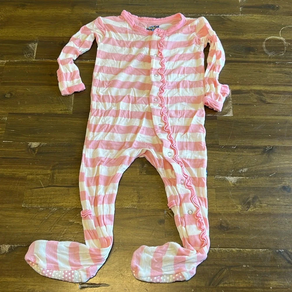 Kickee Pants Striped Ruffle Footsie Bamboo Pink Glove Grip